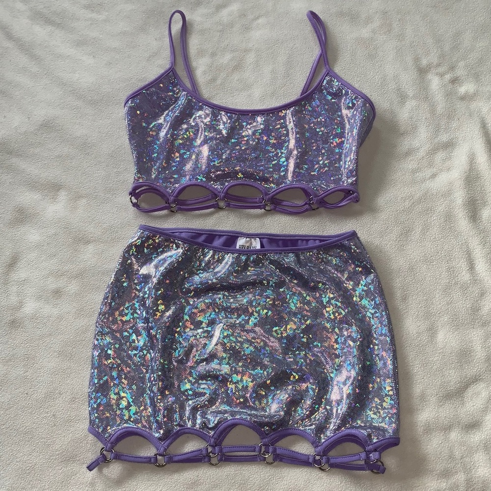 Holographic crop top and miniskirt set